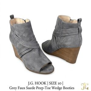 J.G. HOOK Women’s Graphite Grey Faux Suede Peep-Toe Stack Block Wedge Booties 10